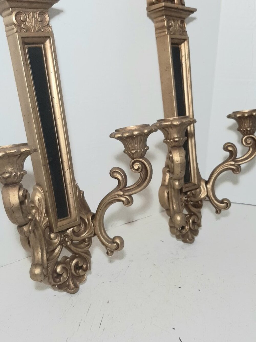 Pair of 1969 Syroco Ornate French design Double Taper Candlestick Holder Wall Sc